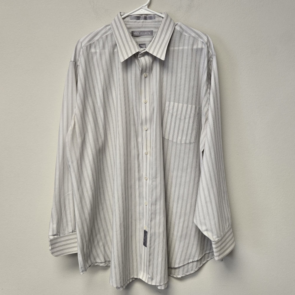 Van Heusen Striped Dress Shirt Long Sleeve White Blue Tall 19